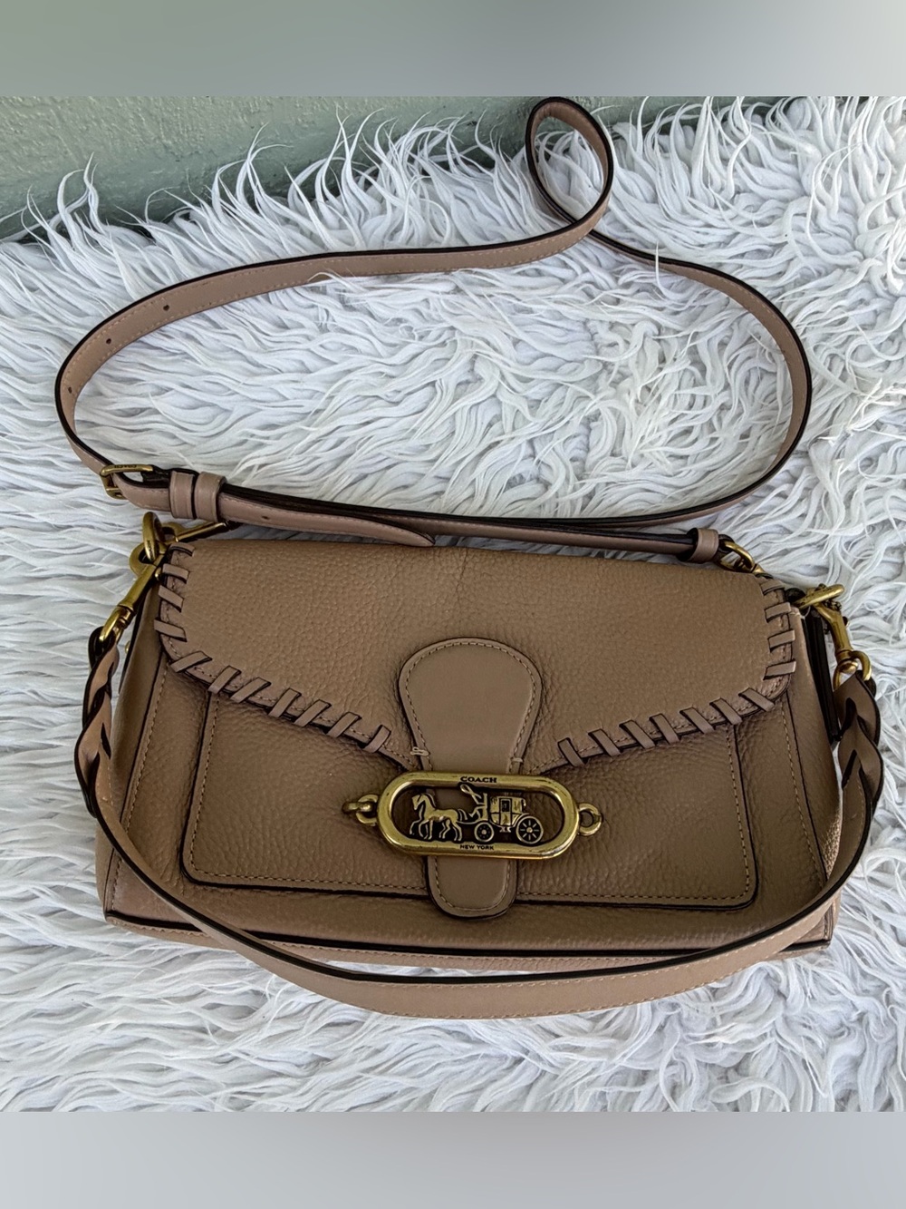 Coach Taupe Leather Whipstitch Crossbody with Brass Hardware